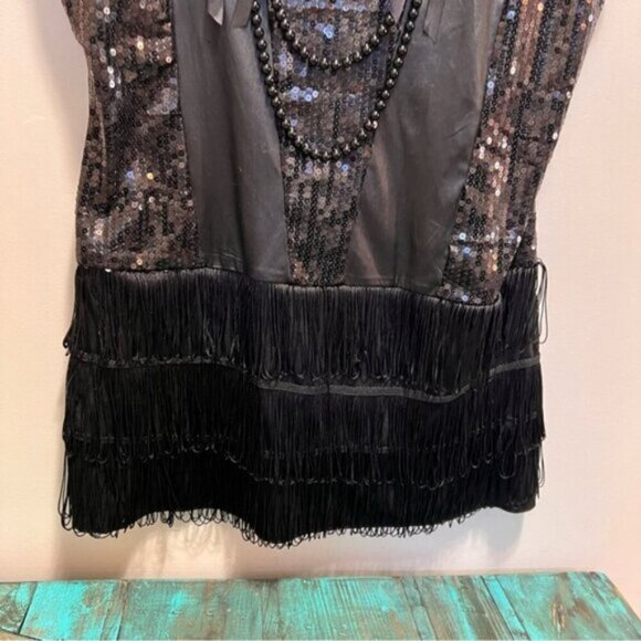 La Vie En Rose Black Sequin Fringe Scoop Neck Mini Slip Dress Large Whimsy Goth - Picture 4 of 12